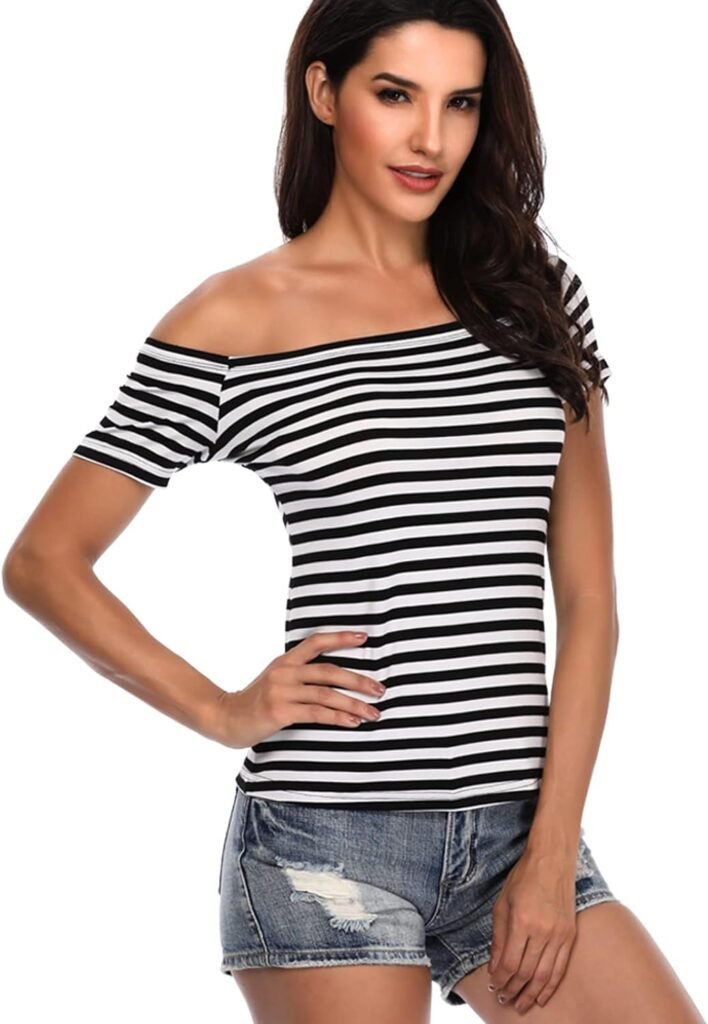 Fuinloth Womens Off Shoulder Tops, One Shoulder Shirts, Short Sleeves Sexy Slim Fit Tees