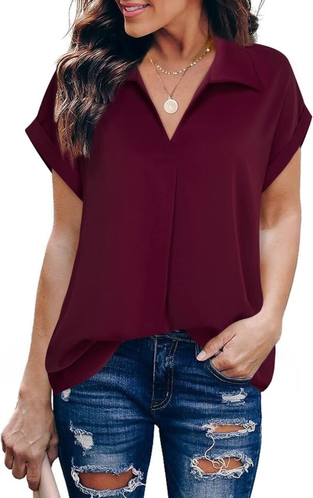 Gaharu Womens Summer Work Blouse V Neck Short Sleeve Lapel Shirt Top Tunic