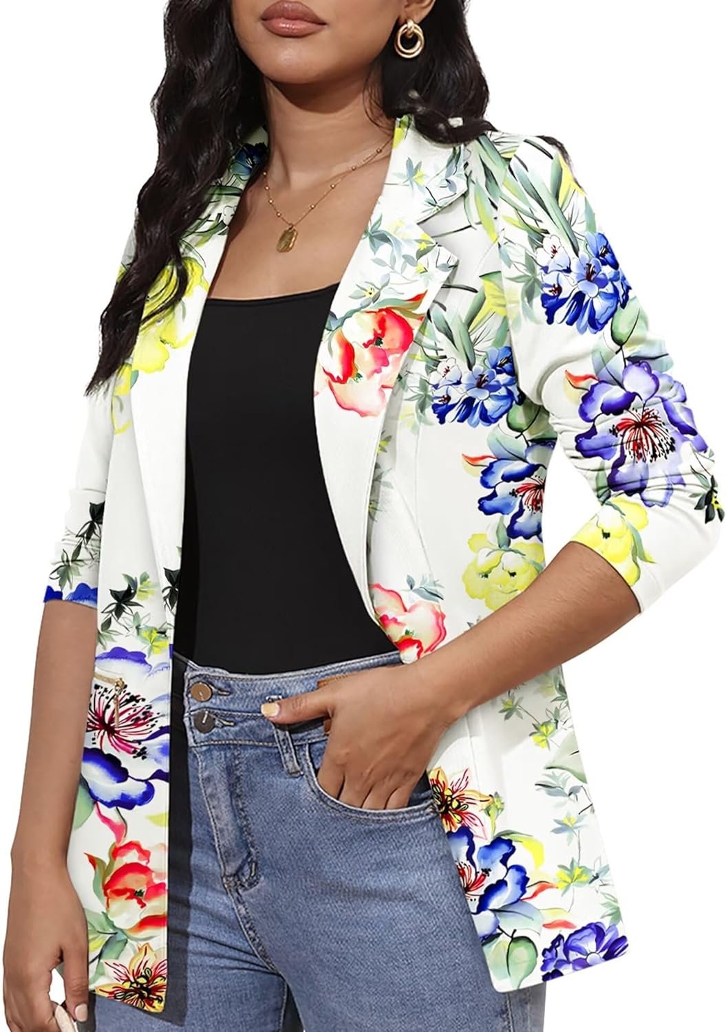 Genhoo Womens Long Sleeve Blazer Open Front Cardigan Jacket Work Office Blazer with Zipper Pockets S-3XL