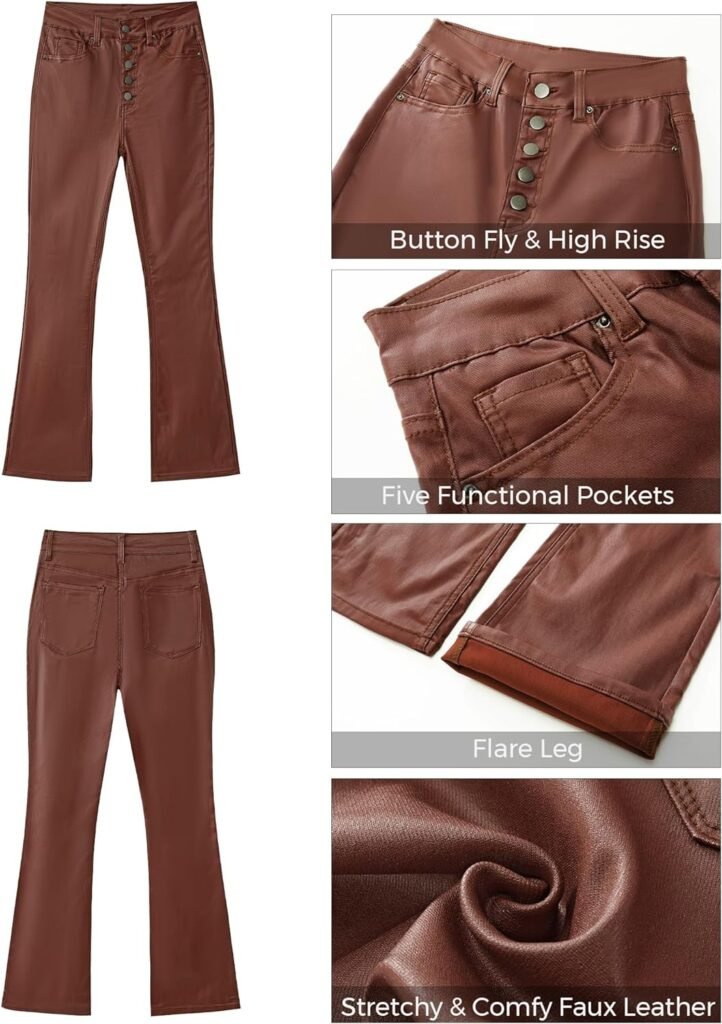 GRAPENT Flare Pants for Women High Wasited Stretchy Faux Leather Look Button Fly Jeans Trendy Bell Bottom Trousers