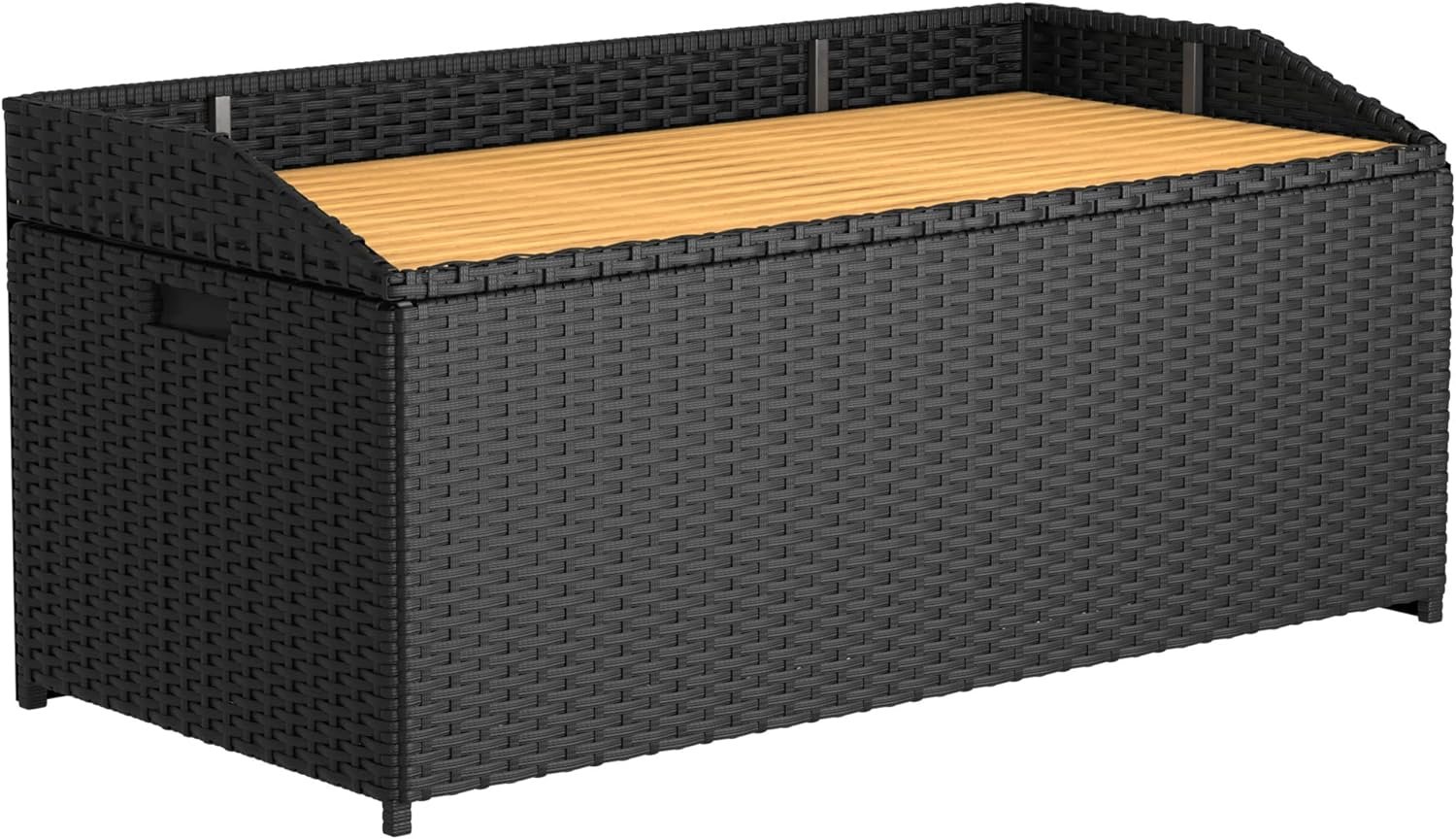 Greesum 65 Gallon Rattan Wicker Deck Box Large Outdoor Storage with Wood Bench Surface and Dust Bag for Patio Furniture, Garden Tools, Pool Supplies, Weatherproof and UV Resistant, Black