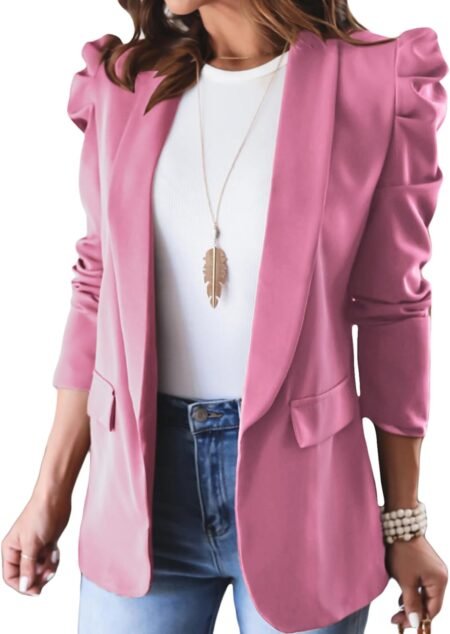 happy sailed womens blazers open front puff sleeve office blazer bussiness casual jackets work suit with pockets