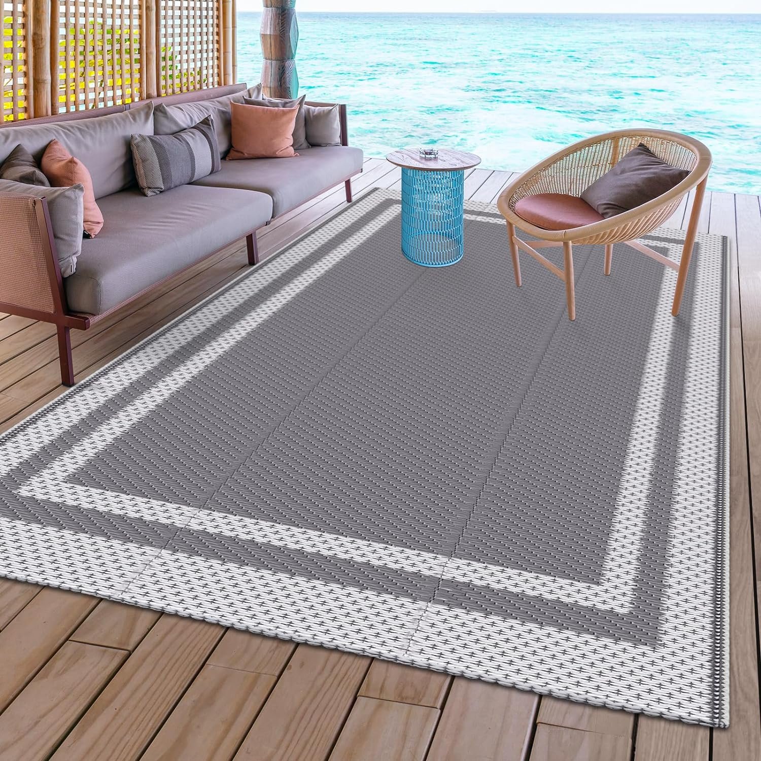 HappyTrends Outdoor Rug Reversible Portable Plastic Straw Camping Rugs for Outside RV,Large Waterproof Outdoor Area Rugs for Patio,Deck,Porch,Balcony(5x 8,WhiteGray)