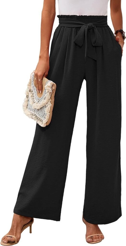 Heymoments Womens Wide Leg Lounge Pants with Pockets Lightweight High Waisted Adjustable Tie Knot Loose Trousers