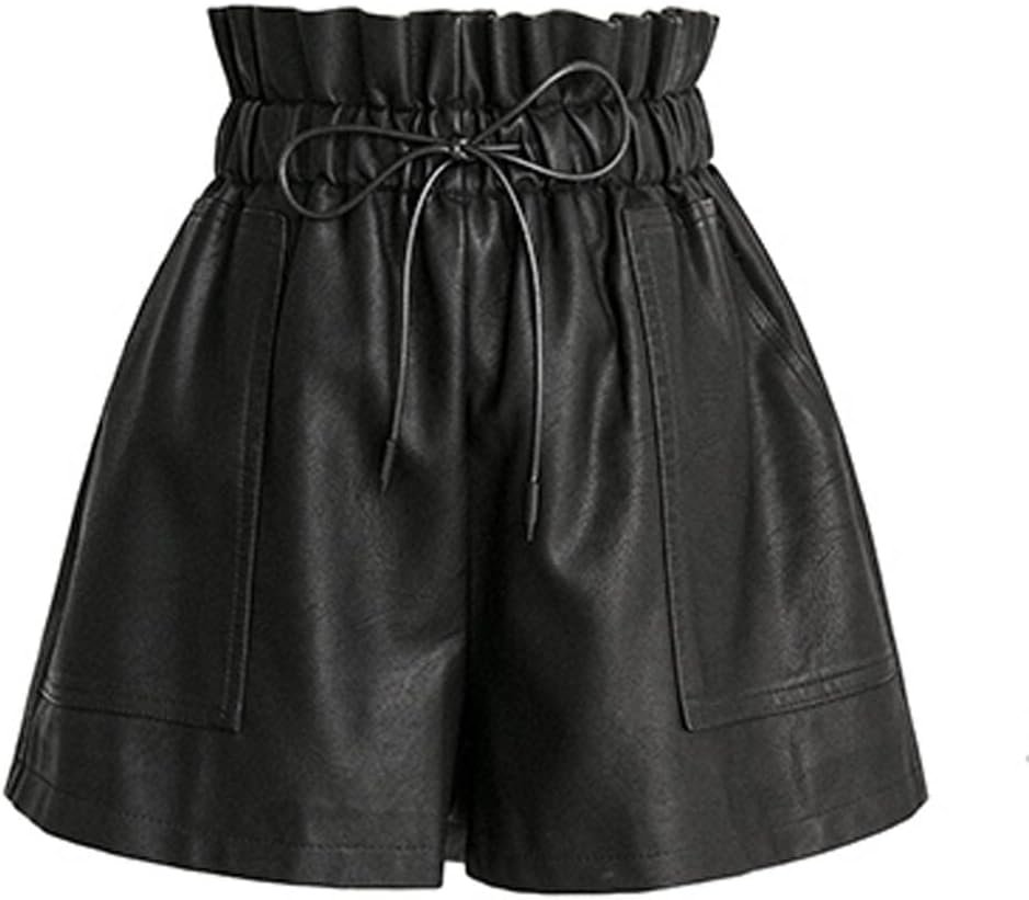 High Waisted Wide Leg Black Faux Leather Shorts for Women