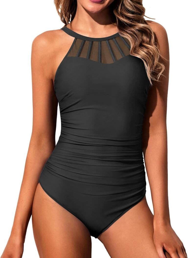holipick black women high neck one piece swimsuit tummy control bathing suit modest swimwear