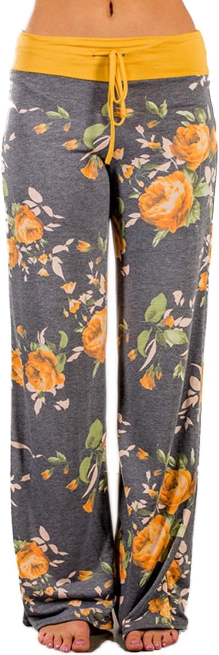 iChunhua Womens Comfy Stretch Floral Print Drawstring Palazzo Wide Leg Lounge Pant