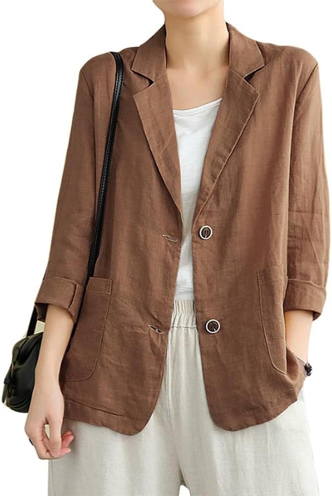IDEALSANXUN Cotton Linen Blazer for Womens Long Sleeve Loose Casual Blazer Jackets