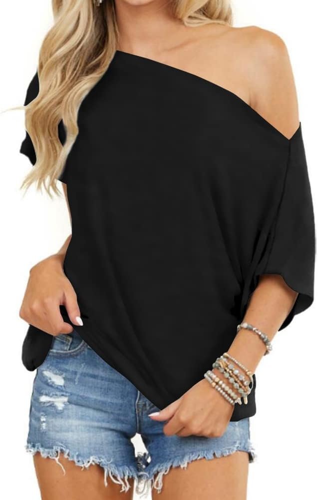 INFITTY Womens Off Shoulder Tops Short Sleeve Casual Loose Batwing Shirts Oversized Blouse Tunic