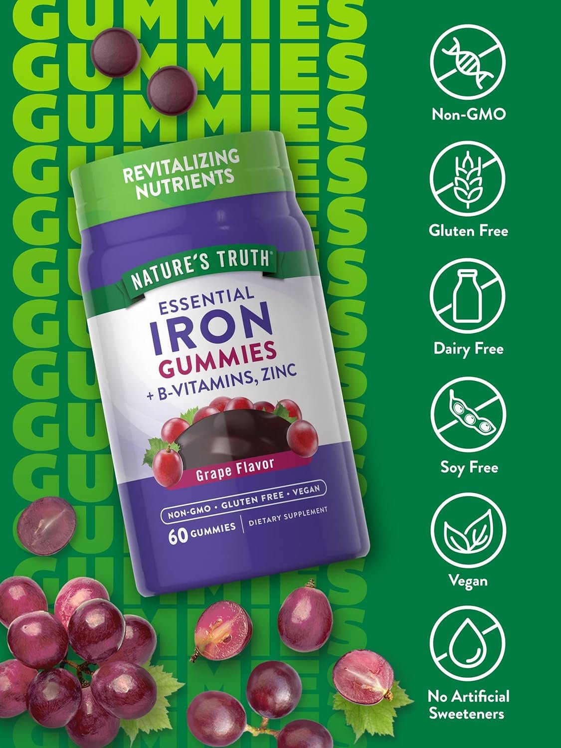 Iron Gummies | 60 Count | Vegan, Non-GMO  Gluten Free Supplement | with Zinc  B Vitamins | Grape Flavor | by Natures Truth