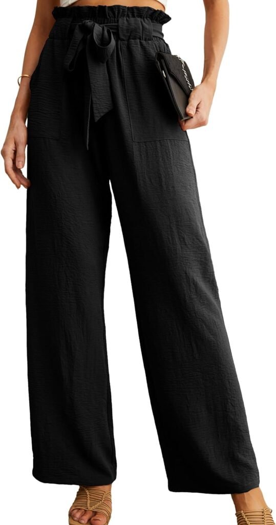 IWOLLENCE Womens Wide Leg Pants with Pockets High Waist Adjustable Knot Loose Casual Trousers Business Work Casual Pants