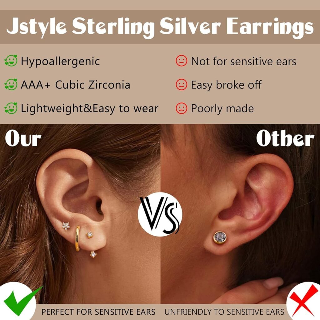 Jstyle 14K Gold Earrings for Women S925 Sterling Silver Earrings for Multiple Piercings Cartilage Stud Small Hoop Dainty Earrings Set