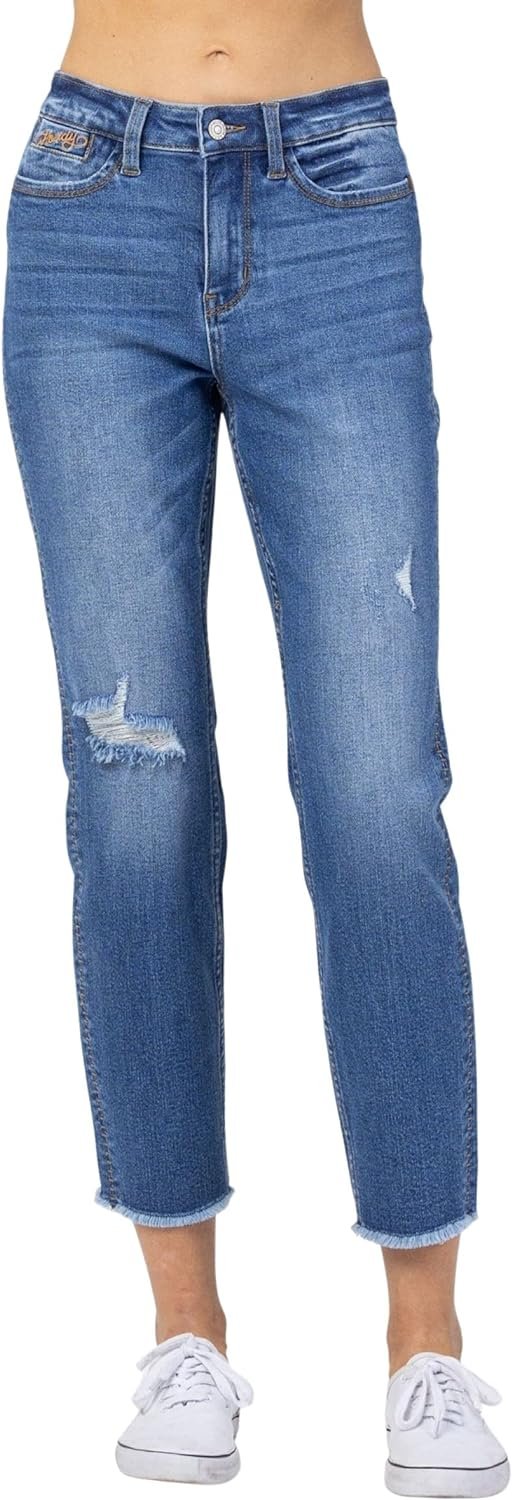 Judy Blue Womens High-Rise Howdy Embroidery Boyfriend Jeans with Side Seam Stitch