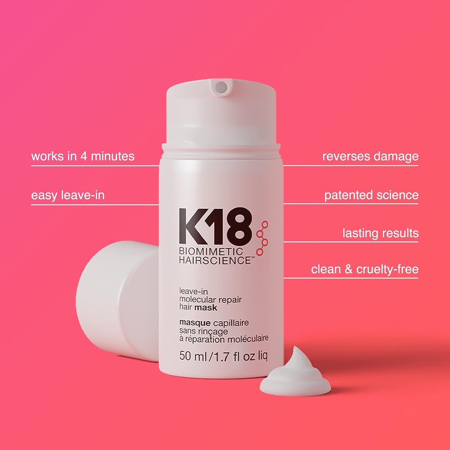 K18 Leave-In Molecular Hair Mask, Repairs Dry or Damaged Hair, Reverse Hair Damage from Bleach, Color, Chemical Services  Heat