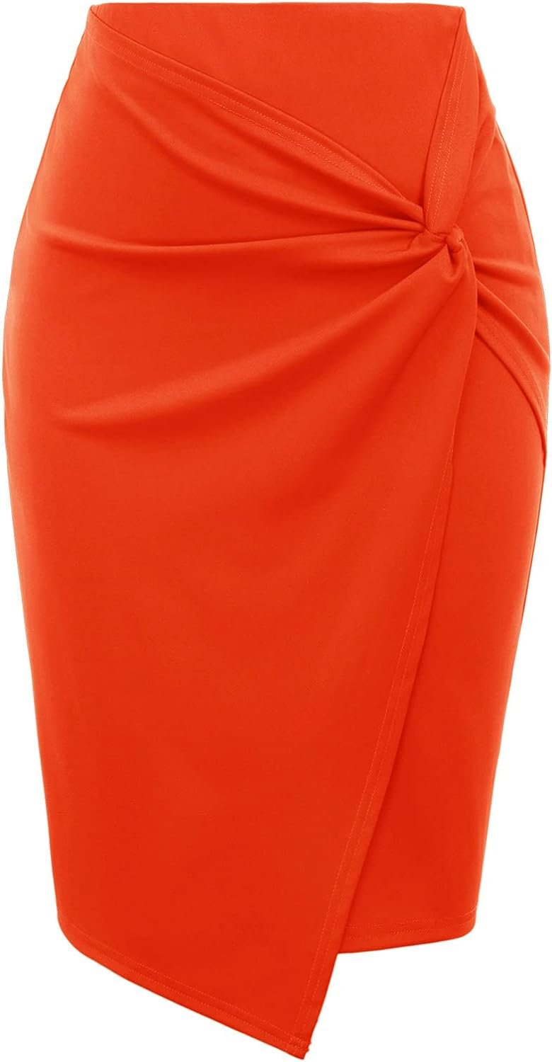 Kate Kasin Wear to Work Pencil Skirts for Women Elastic High Waist Wrap Front Knee Length Bodycon Skirt Tummy Control