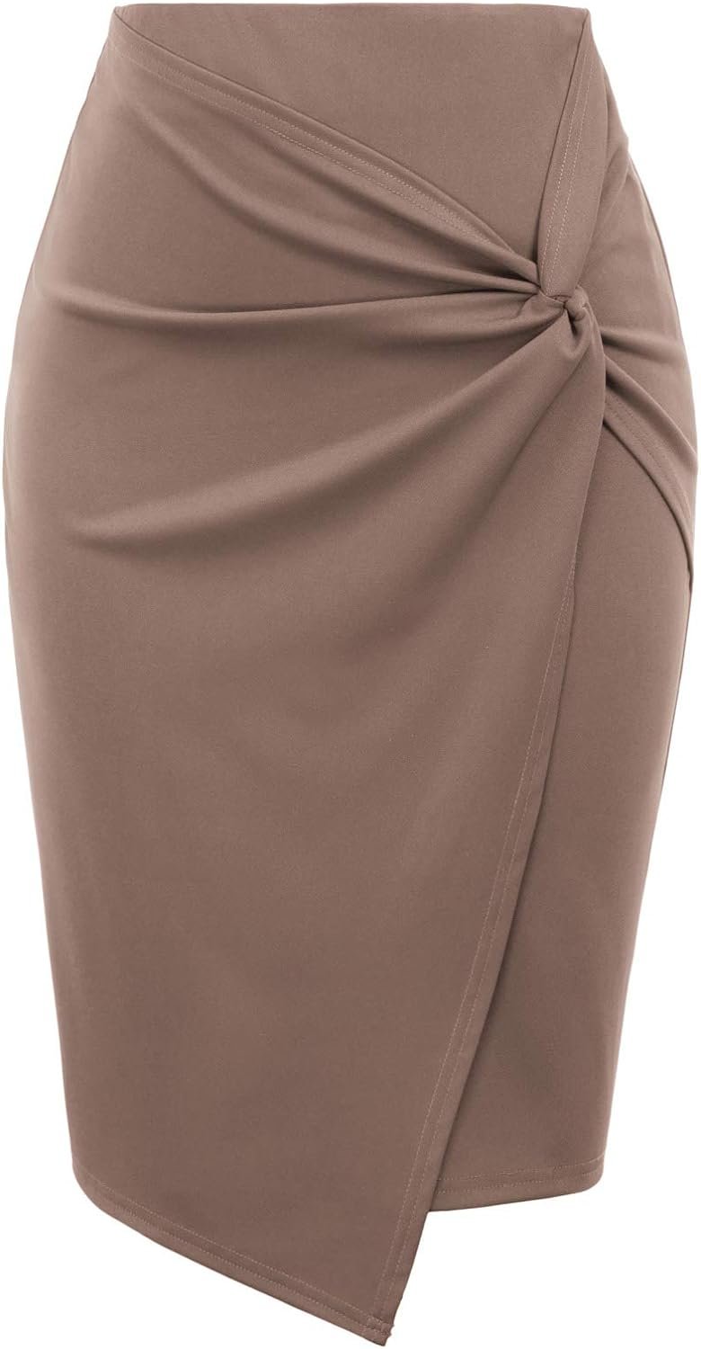 Kate Kasin Wear to Work Pencil Skirts for Women Elastic High Waist Wrap Front Knee Length Bodycon Skirt Tummy Control