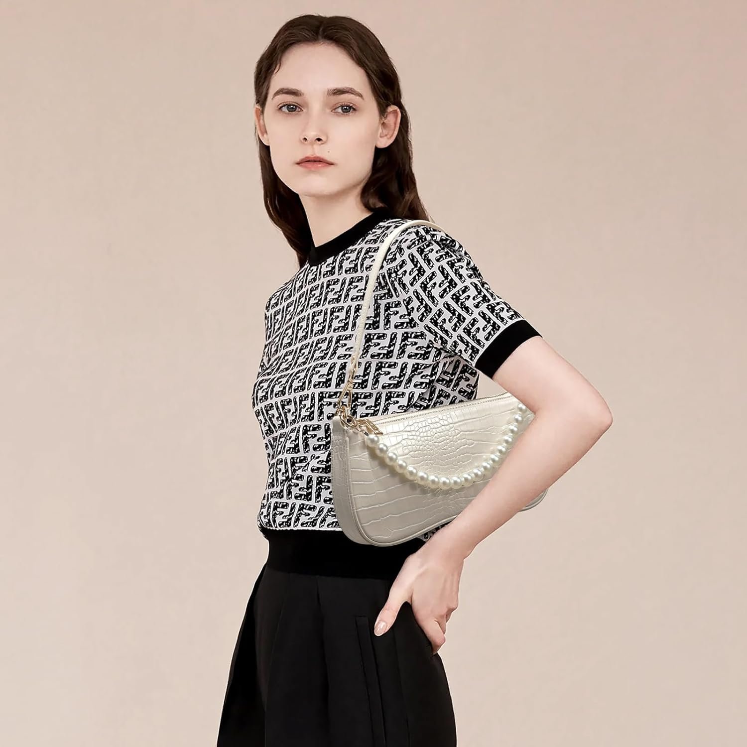 keyli shoulder bag for women crocodile pattern leather handbags trendy casual zip closure clutch hobo purse with pearls 1