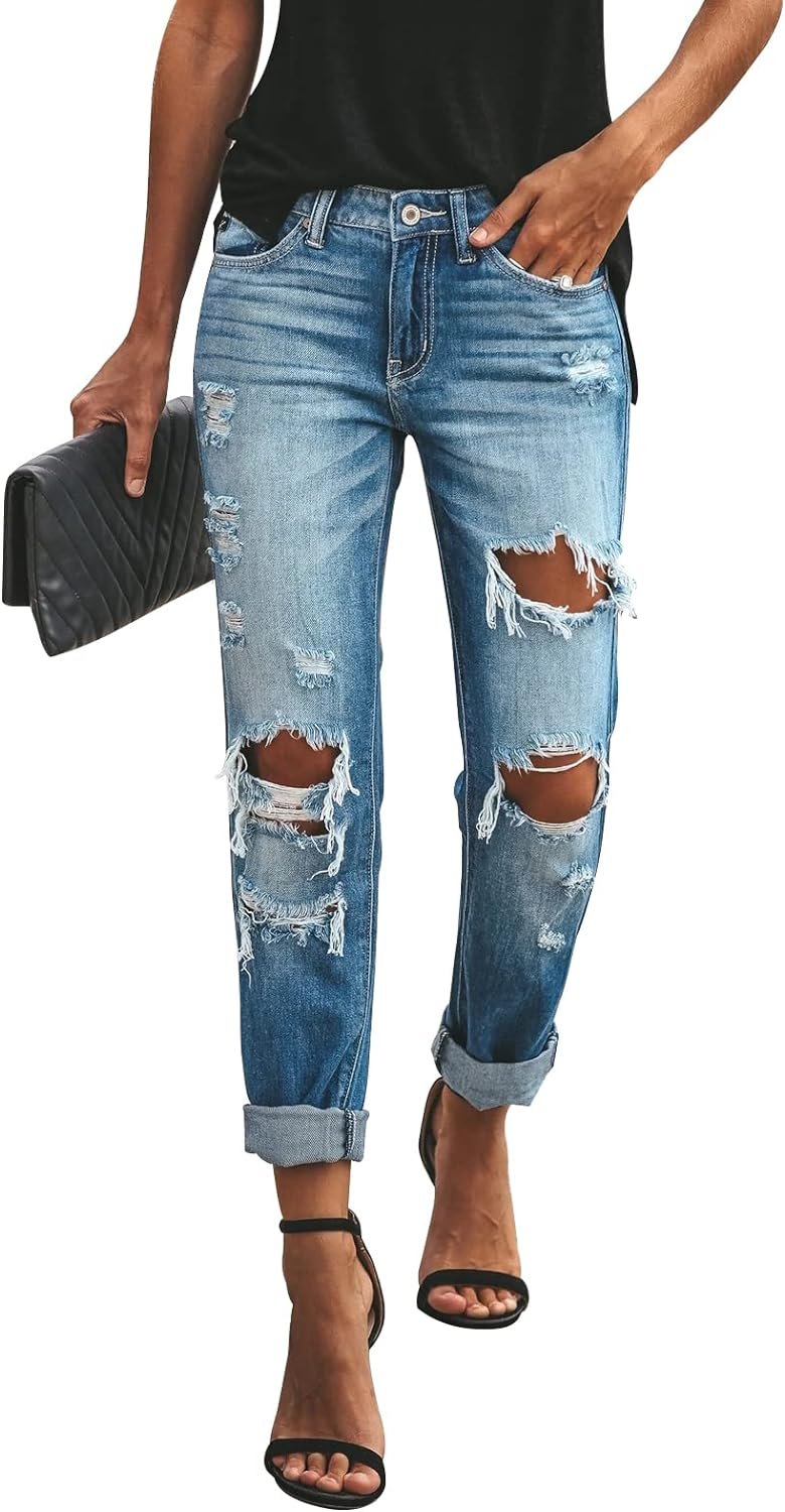 KUNMI Womens Ripped Mid Waisted Boyfriend Jeans Loose Fit Distressed Stretchy Denim Pants