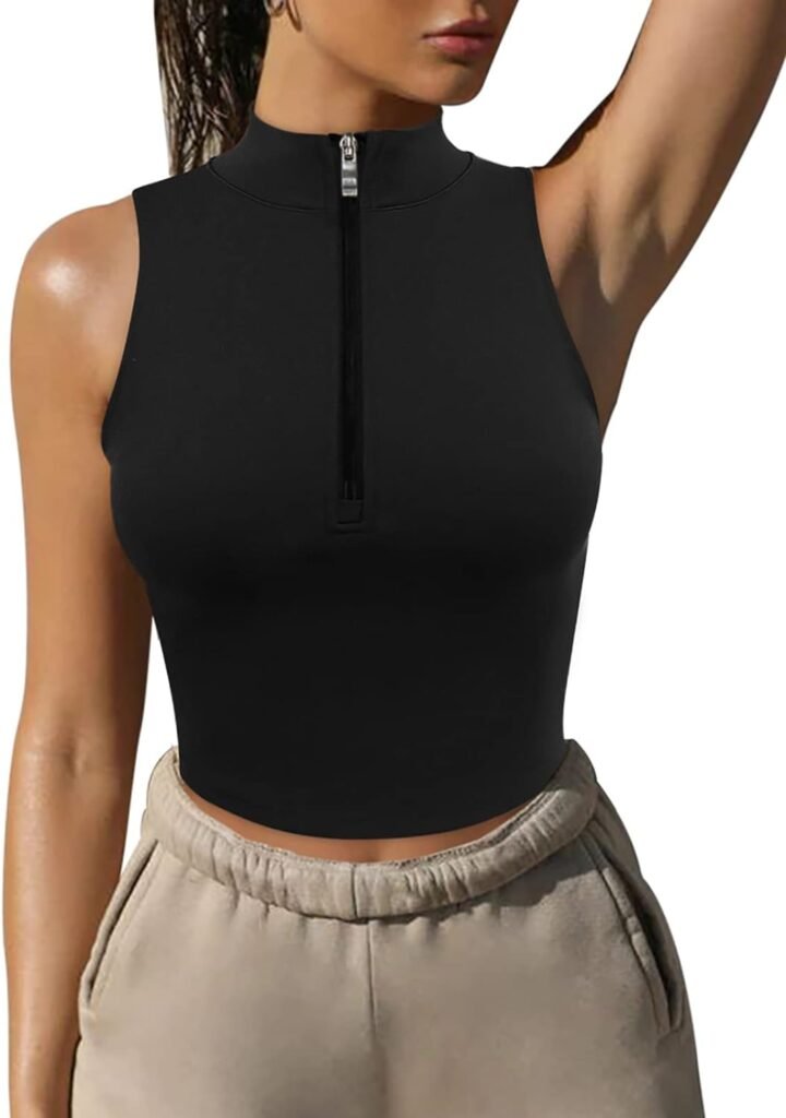 LASLULU Womens Half Zipper Workout Top Racerback Yoga Short Tank Tops Collar Athletic Shirt Slim Fit Crop Tops Built in Bra