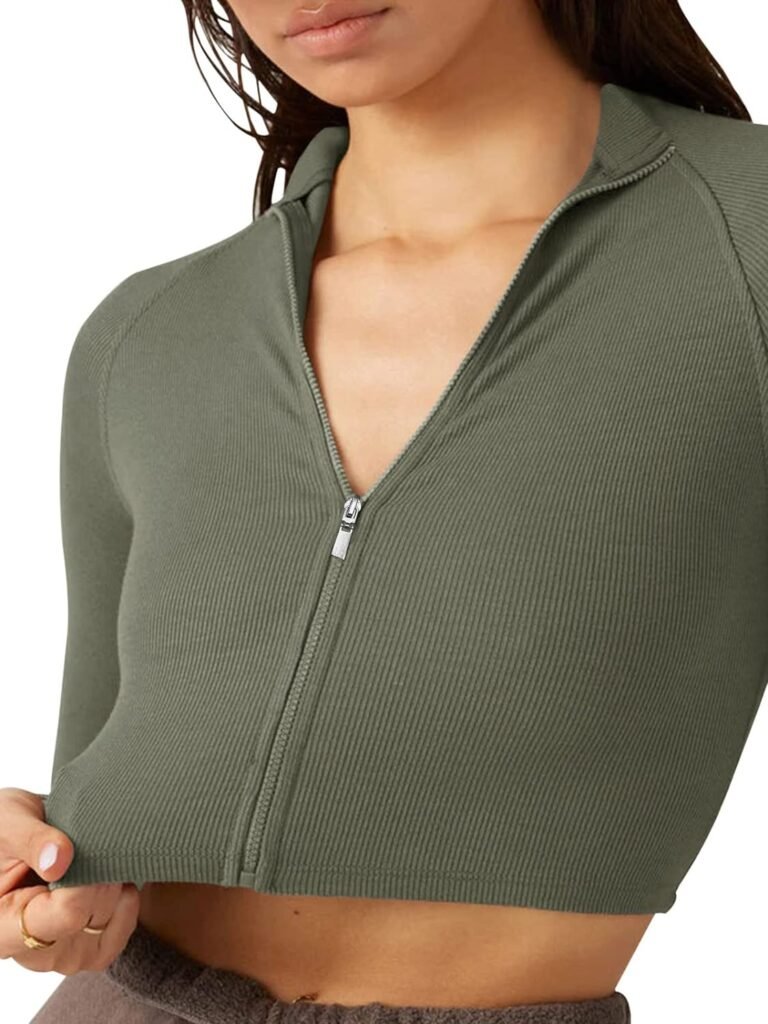 LASLULU Womens Zipper Workout Top Seamless Long Sleeve Ribbed Yoga Athletic Shirt Cropped Sweatshirts Slim Fit Crop Tops