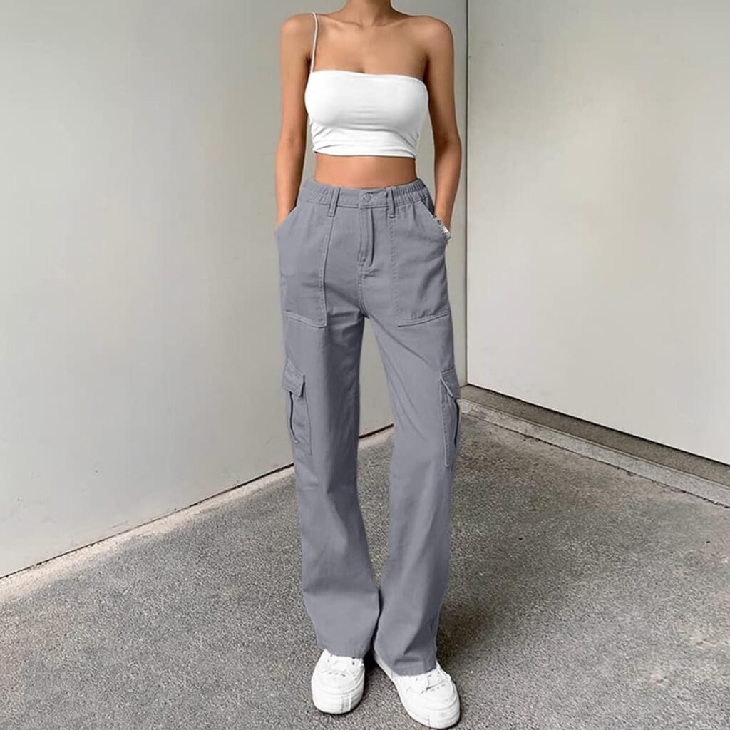 Lepunuo Cargo Pants for Women High Waisted Casual Pants Baggy Stretchy Wide Leg Y2K Streetwear with 6 Pockets