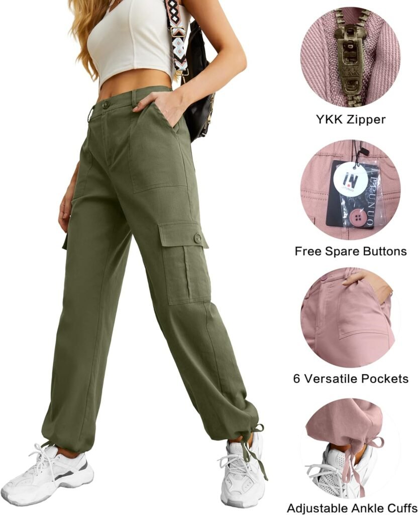 Lepunuo Womens High Waisted Cargo Pants Travel Y2K Streetwear Baggy Stretchy Pants with 6 Pockets Drawstring Ankle Cuffs