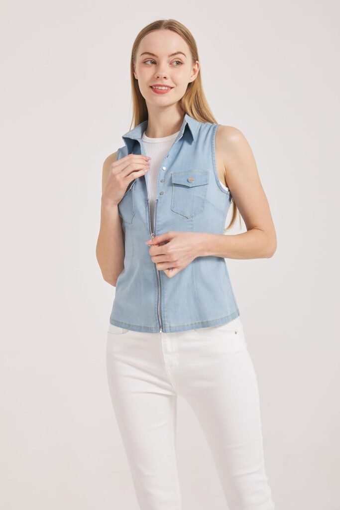 LIYEZ Denim Style Tank Tops for Women Sleeveless Casusal Crop Camis Button and Zipper Blouses