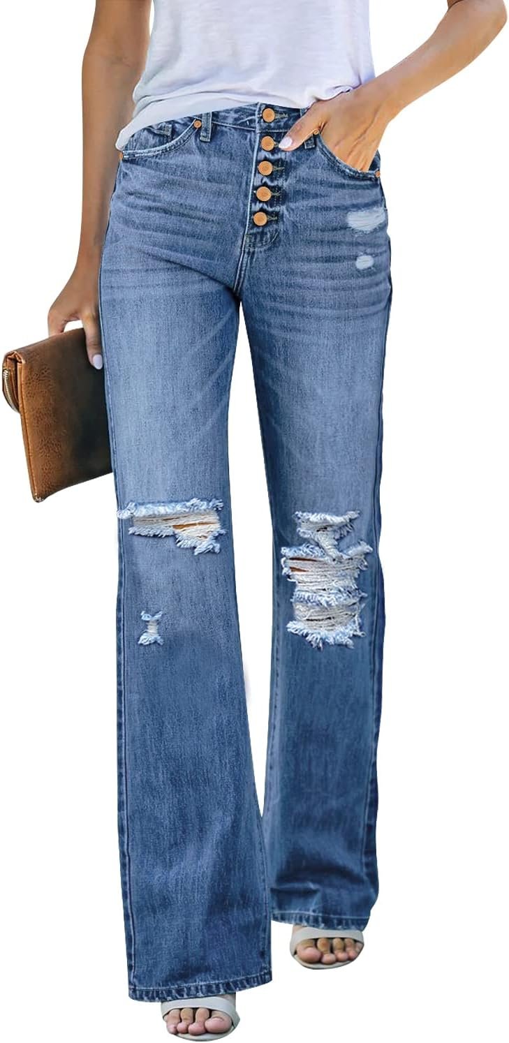 lookbookstore high waisted ripped flare jeans for women distressed bell bottom jeans wide leg pants