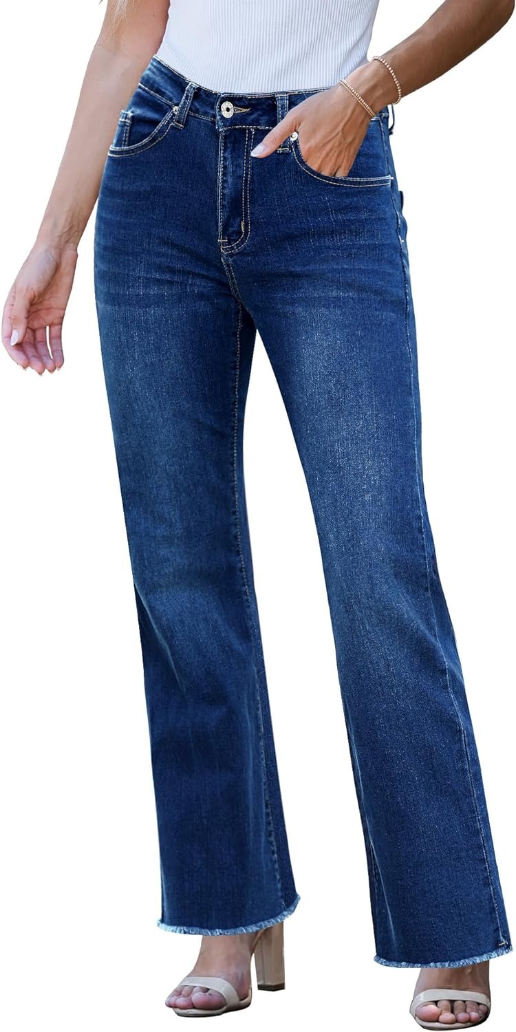 LookbookStore Wide Leg Jeans for Women Trendy High Waisted Straight Leg Frayed Hem Baggy Stretchy Denim Trousers Pants