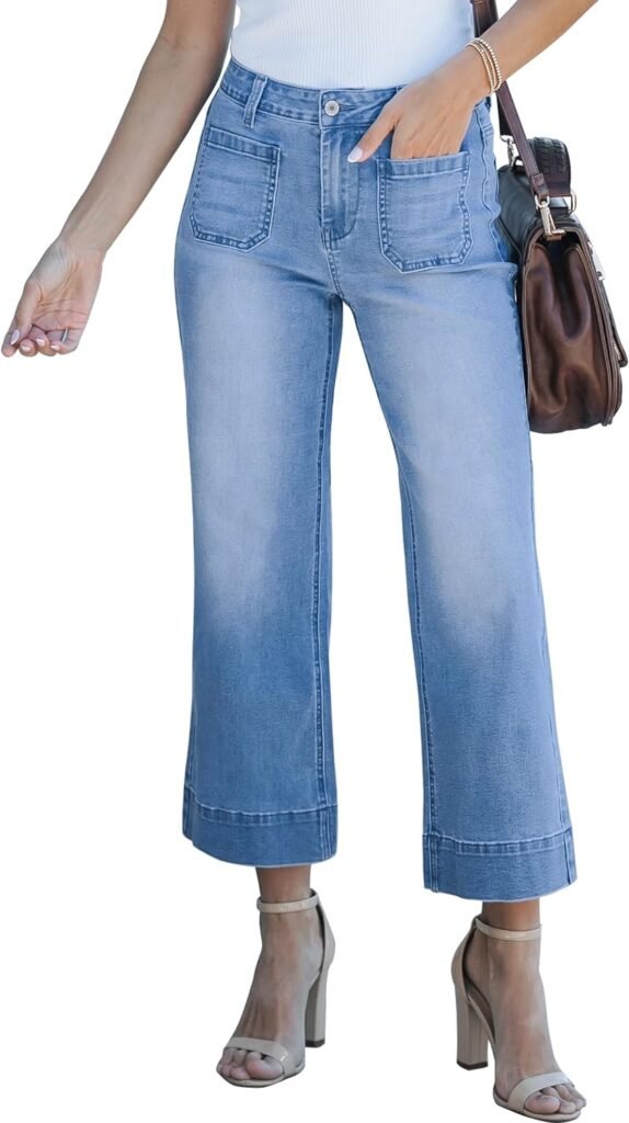 luvamia Wide Leg Jeans for Women Trendy High Waisted Flare Jeans Cropped Denim Pants Stretchy Baggy with Patch Pockets