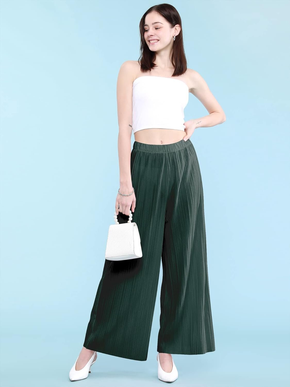 Made By Johnny Womens Pleated Wide Leg Palazzo Pants with Drawstring