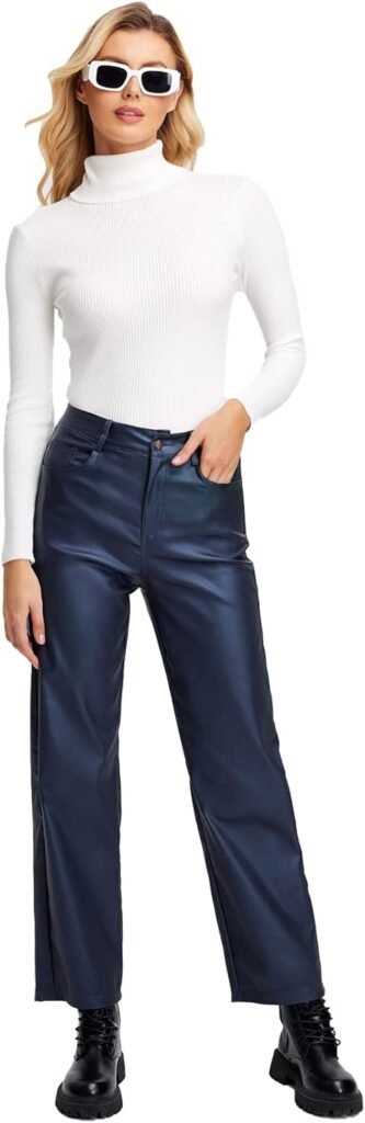 MakeMeChic Womens High Waist Pockets Straight Leg Jeans Leather Look Pants
