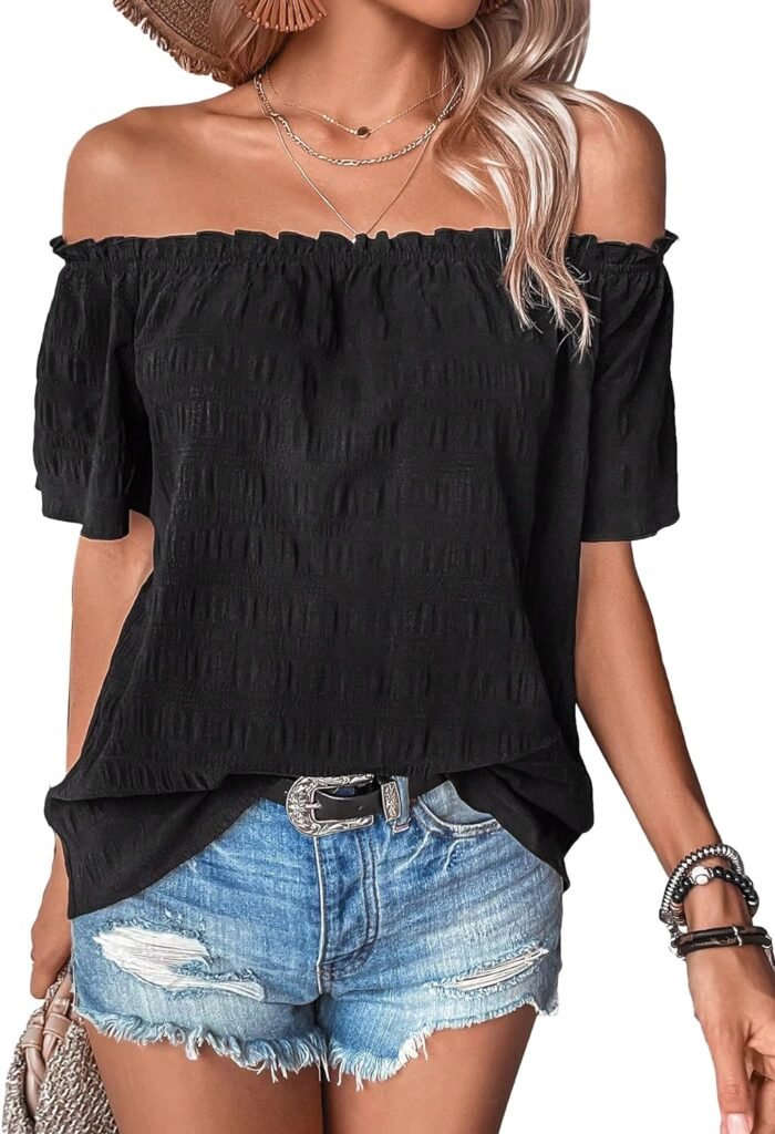 MakeMeChic Womens Off Shoulder Short Sleeve Summer Shirt Solid Frill Trim Textured Blouse Tops