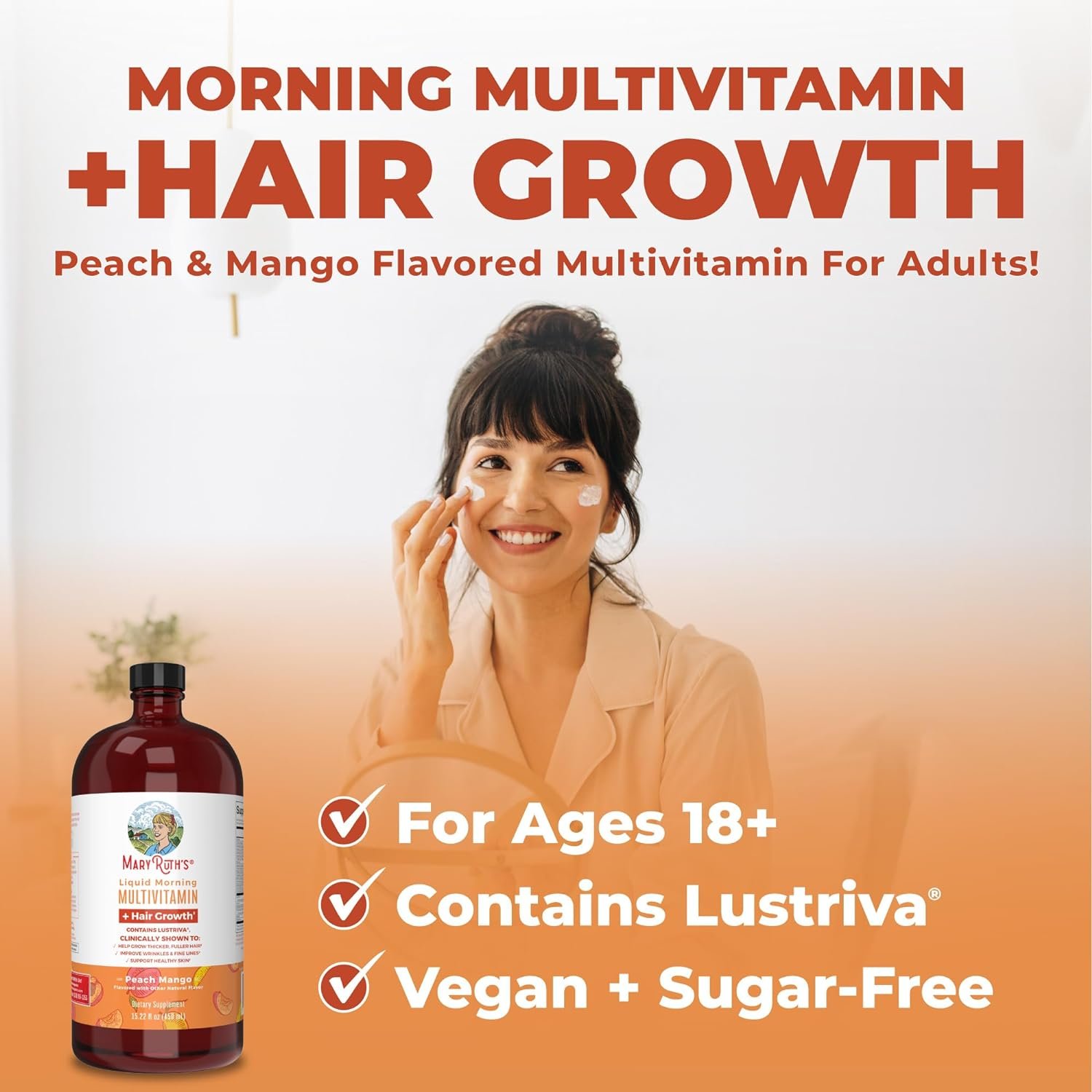 MaryRuths Liquid Multivitamin + Lustriva® Hair Growth Vitamins | Biotin 10000mcg | Vitamin D | Clinically Tested for Thicker Hair, Wrinkles, Fine Lines, Skin Care | Ages 18+ | 15.22 Fl Oz