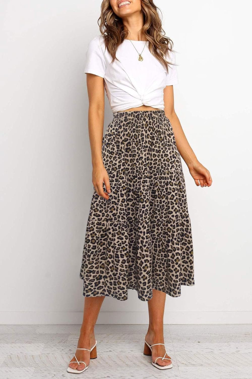 MEROKEETY Womens Boho Leopard Print Skirt Pleated A-Line Swing Midi Skirts