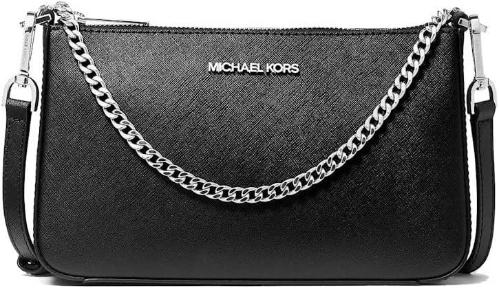 Michael Kors Jet Set Medium Chain Shoulder Bag Crossbody Bag Black Saffiano Leather Pouchette Silver tone