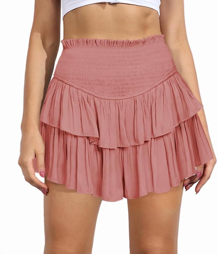 MiiVoo Womens High Waist Ruffle Flowy Mini Skirts Stretchy Waist Solid Lined Layered Pleated Casual Beach Short Skirt