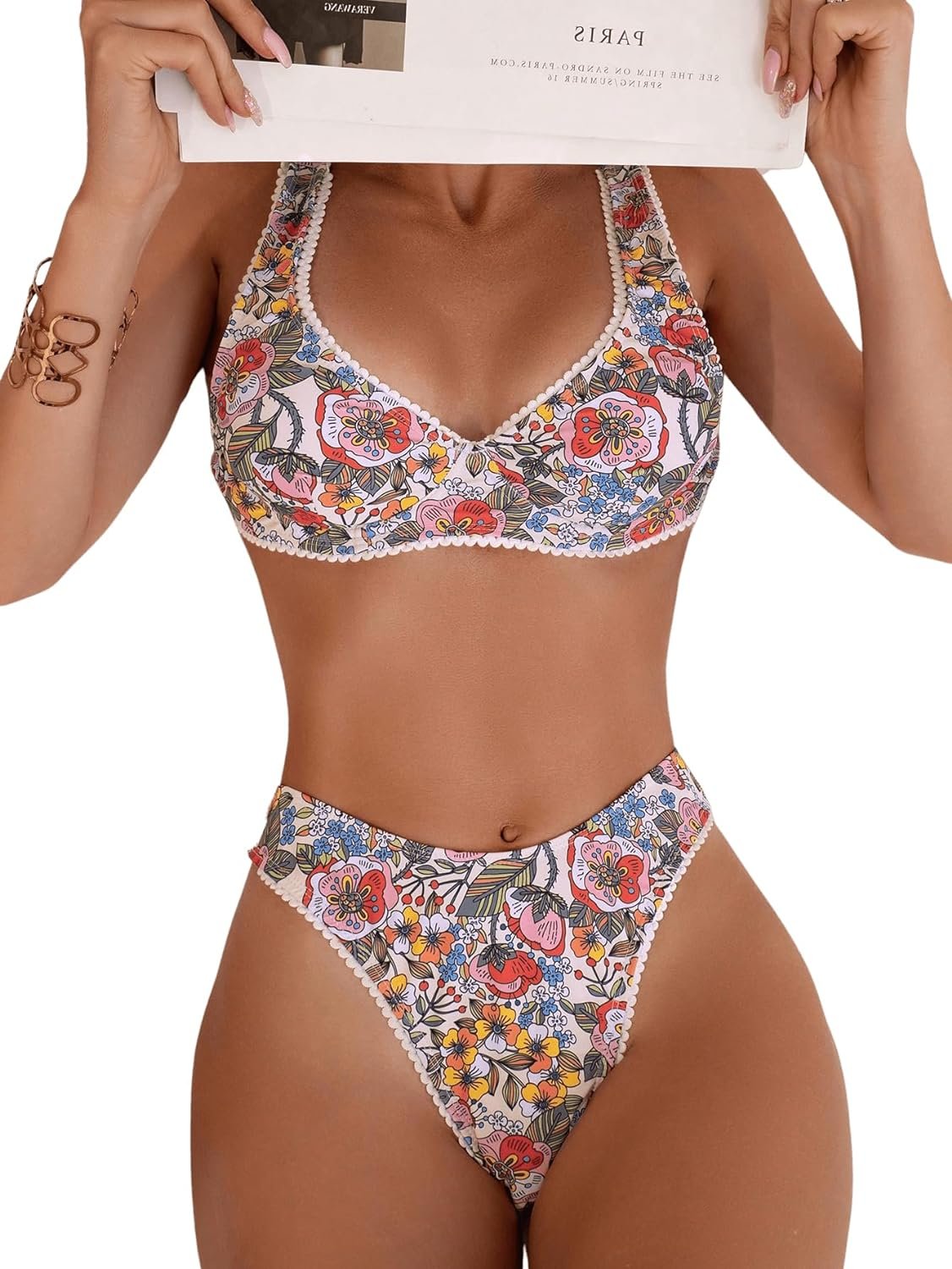 Milumia Womens 2 Piece Floral Print Swimsuits Knot Back Underwire High Cut Bikini Sets