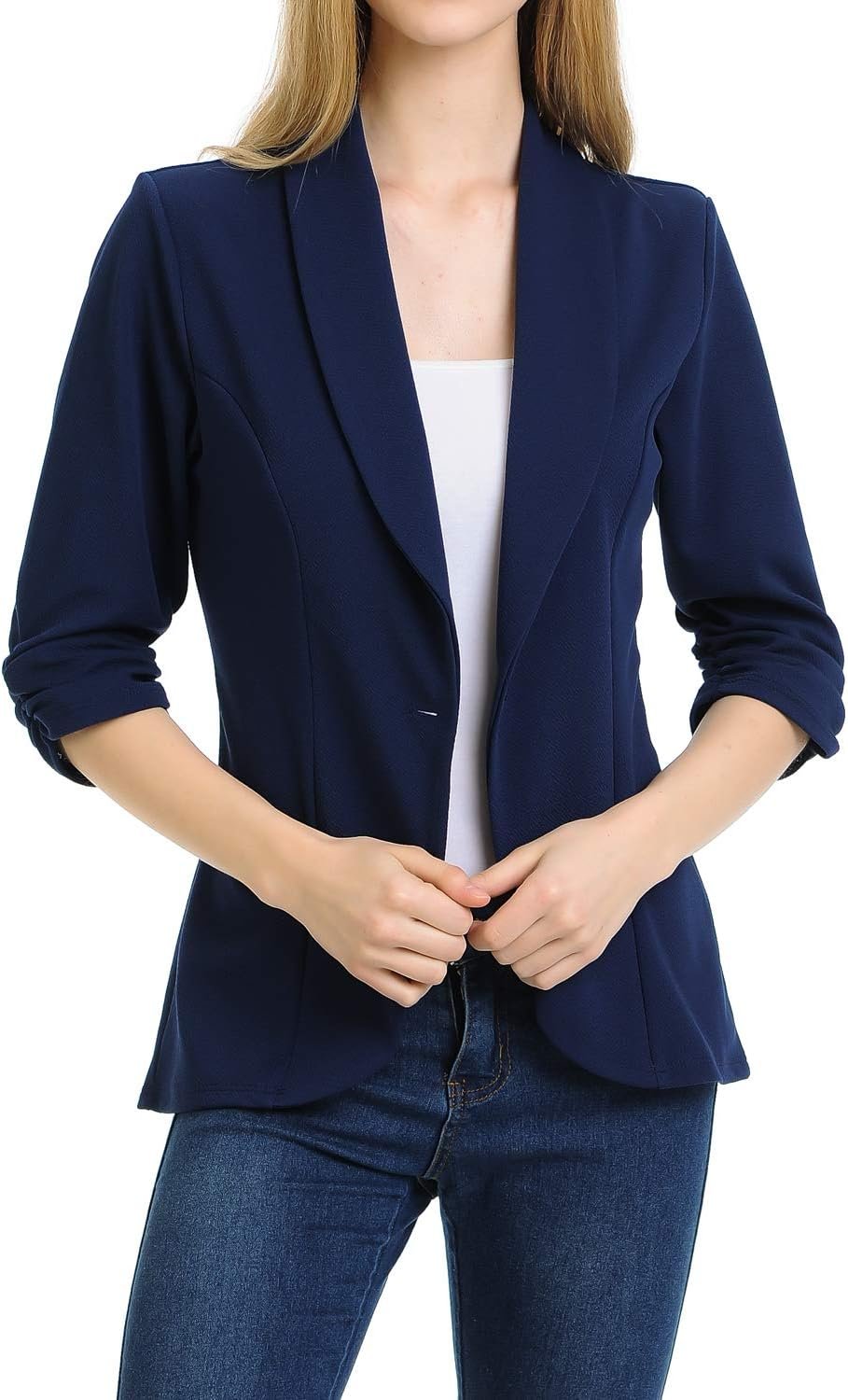 MINEFREE Womens 3/4 Ruched Sleeve Lightweight Work Office Blazer Jacket (S-3XL)