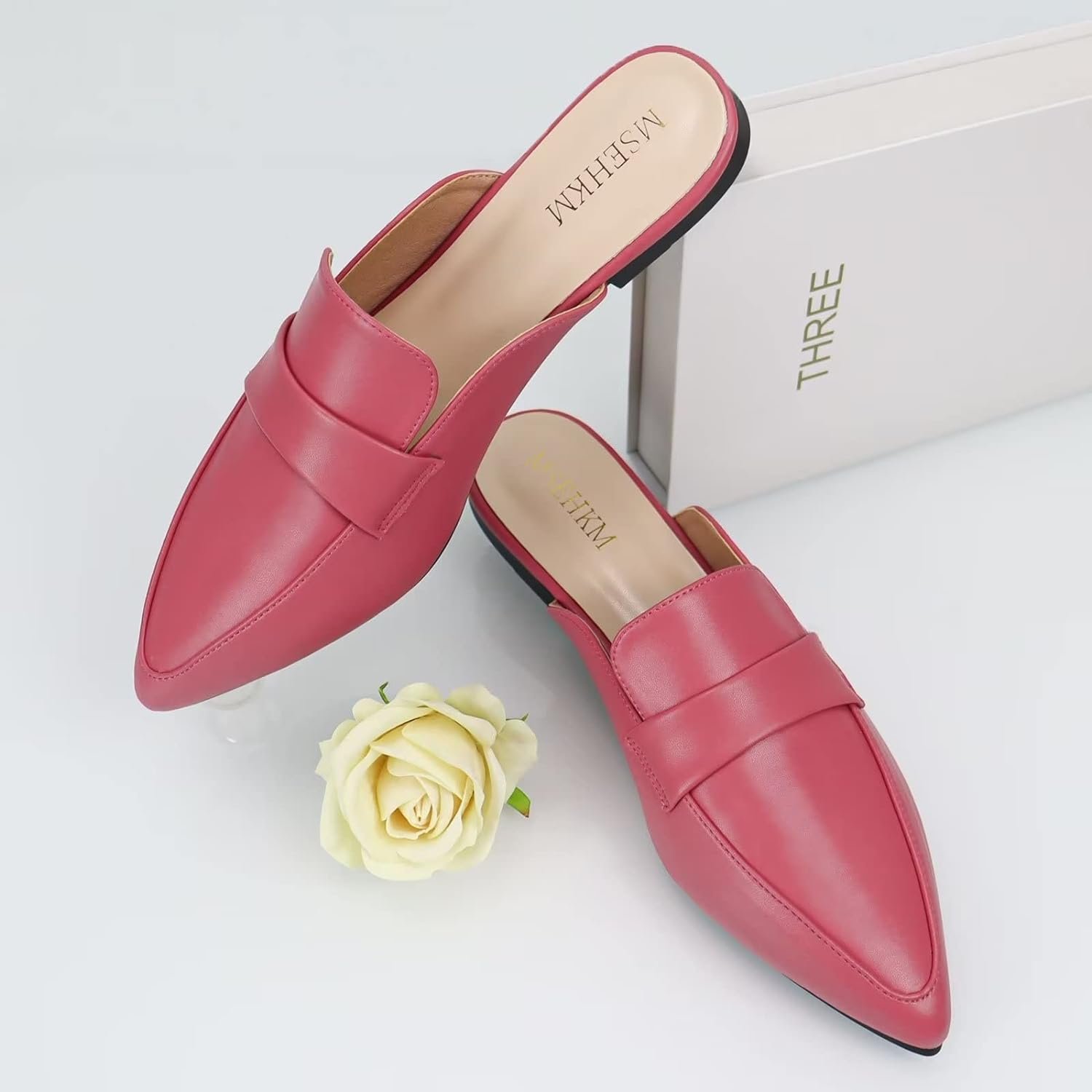 MSEHKM Womens Mules Flats- Classic Pointed Toe Design with Comfortable Fit for Everyday Wear- Penny/Leather Slippers Loafers