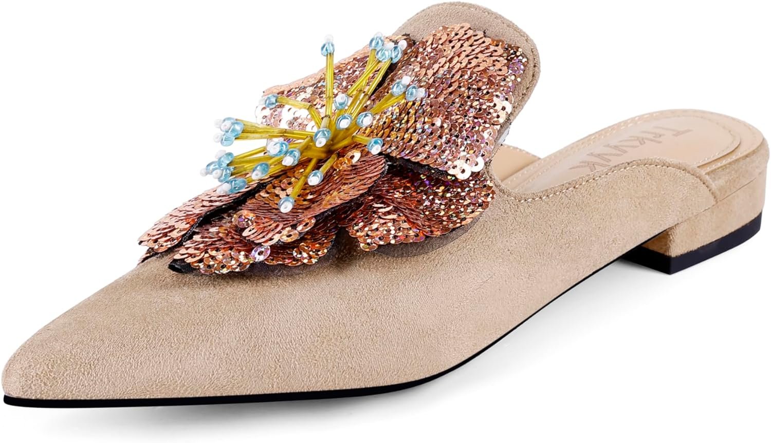 Mules for Women Pointed Toe Comfortable Flats Backless Loafers with Sequin Flower