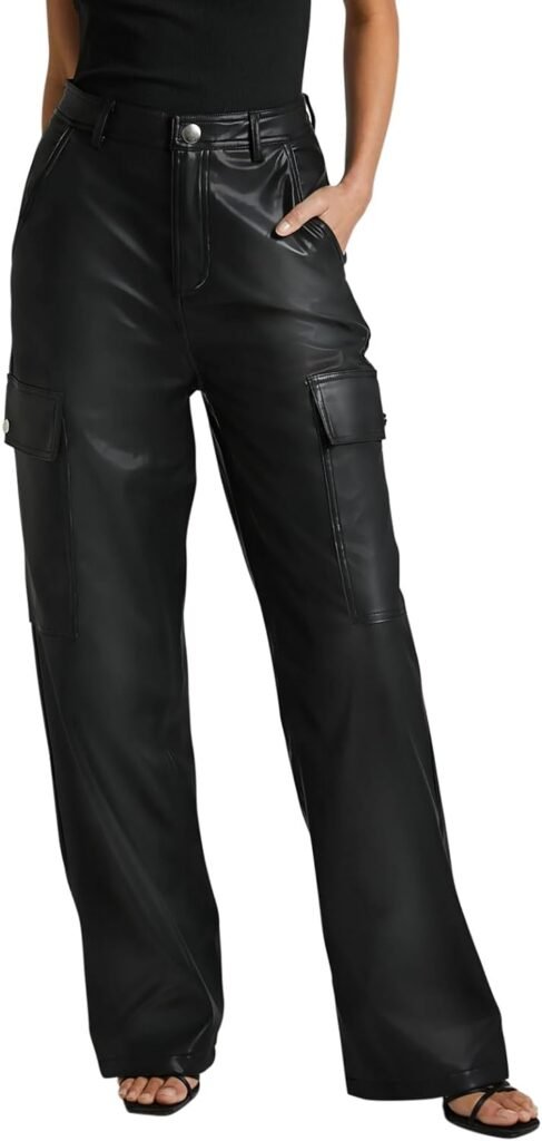 NIMIN Womens Faux Leather Cargo Pants High Waisted Straight Wide Leg Y2K Pants with 4 Pockets