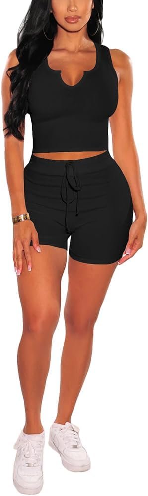 Nimsruc 2 Piece Sets For Women Sexy Casual Workout Crop Tank Top High Waist Shorts Leggings Sets Summer Active Wear