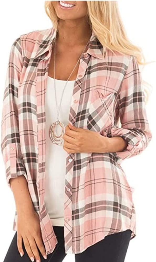 NUOREEL Womens Casual Plaid Soft Button Down Tops Roll Up Long Sleeve Cuffed Blouse Shirts