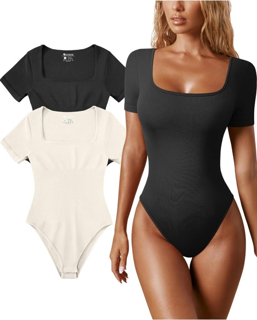 OQQ Womens 2 Piece Bodysuits Sexy Ribbed One Piece Square Neck Short Sleeve Bodysuits