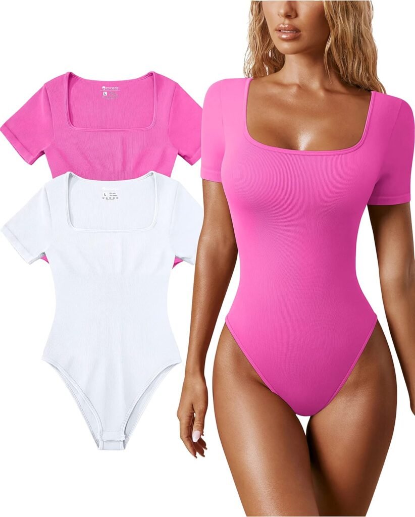 OQQ Womens 2 Piece Bodysuits Sexy Ribbed One Piece Square Neck Short Sleeve Bodysuits