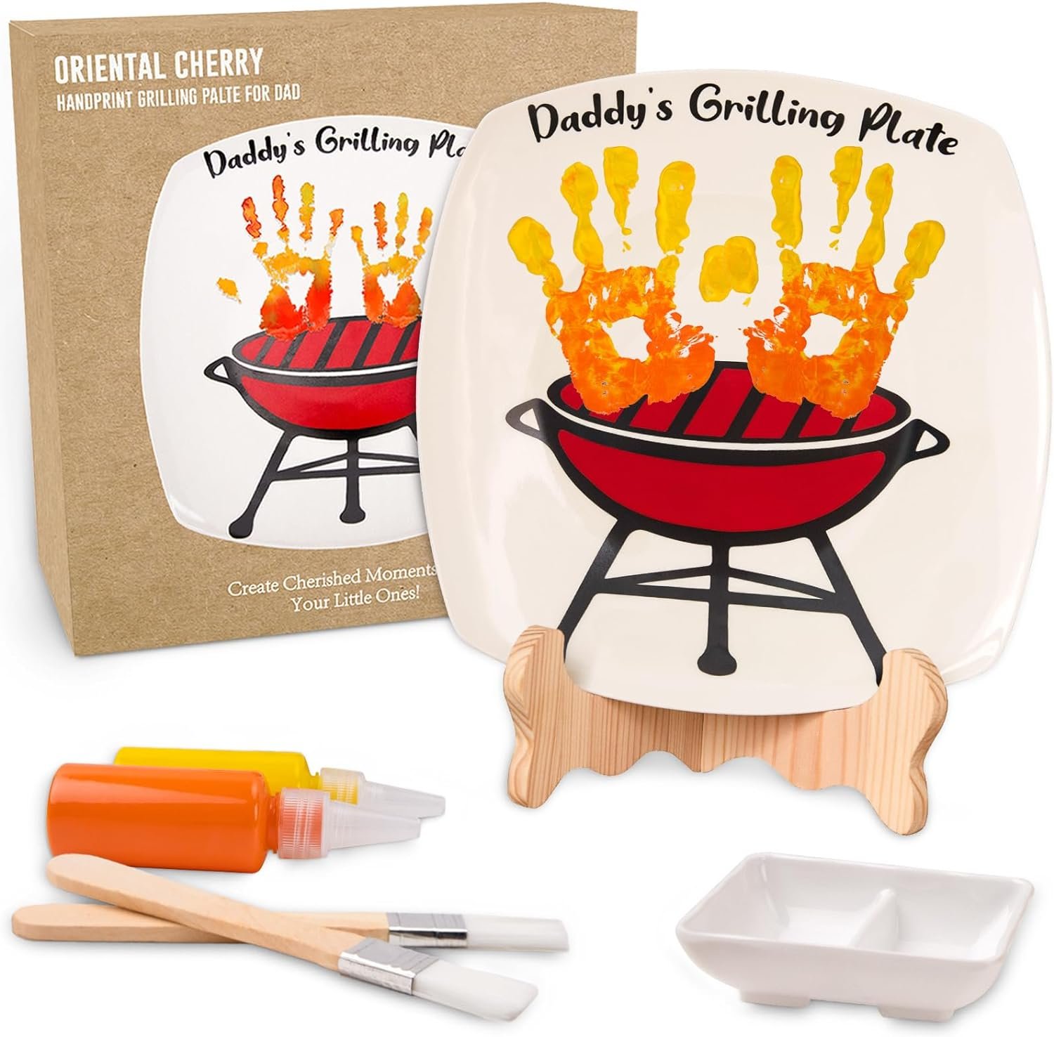 ORIENTAL CHERRY Fathers Day Gifts - DIY Daddys Grilling Plate with Handprint - Personalized Step Dad Gifts from Wife Kids - Funny BBQ Crafts Birthday Present Ideas for First Papa from Daughter Son