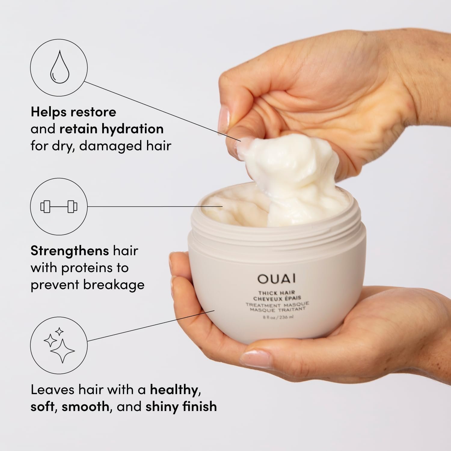 OUAI Thick Hair Mask - Hair Treatment Masque with Almond Oil, Olive Oil,  Hydrolyzed Keratin to Restore Damaged Hair - Phthalate  Paraben Free Hair Masque (8 fl oz)