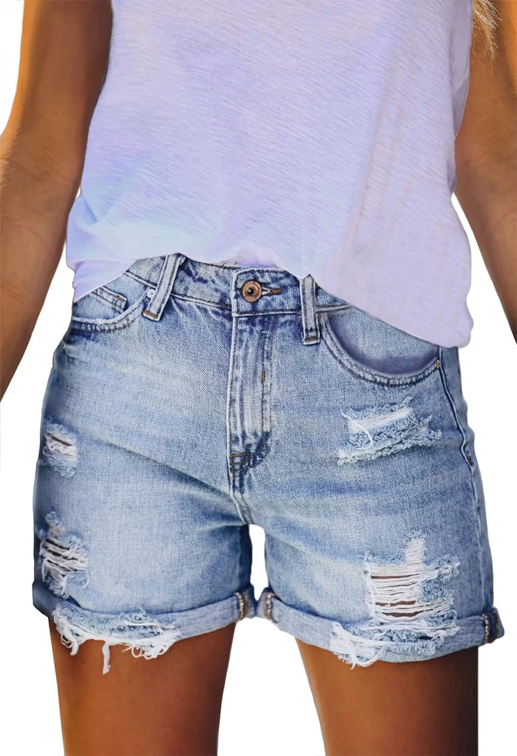 Pink Queen Womens High Waisted Denim Shorts Casual Ripped Summer Hot Short Jeans Frayed Distressed Jeans Shorts with Pockets