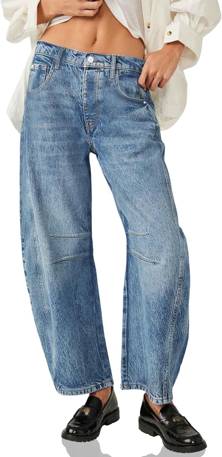 PLNOTME Womens Baggy Boyfriend Jeans Vintage Wide Leg Mid Rise Barrel Denim Ankle Pants
